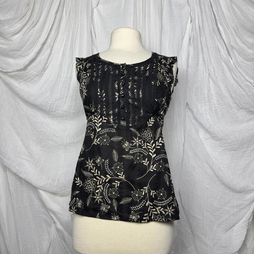 Preppy Boho Cottage LOFT Black Floral Sleeveless Top Size 4P
